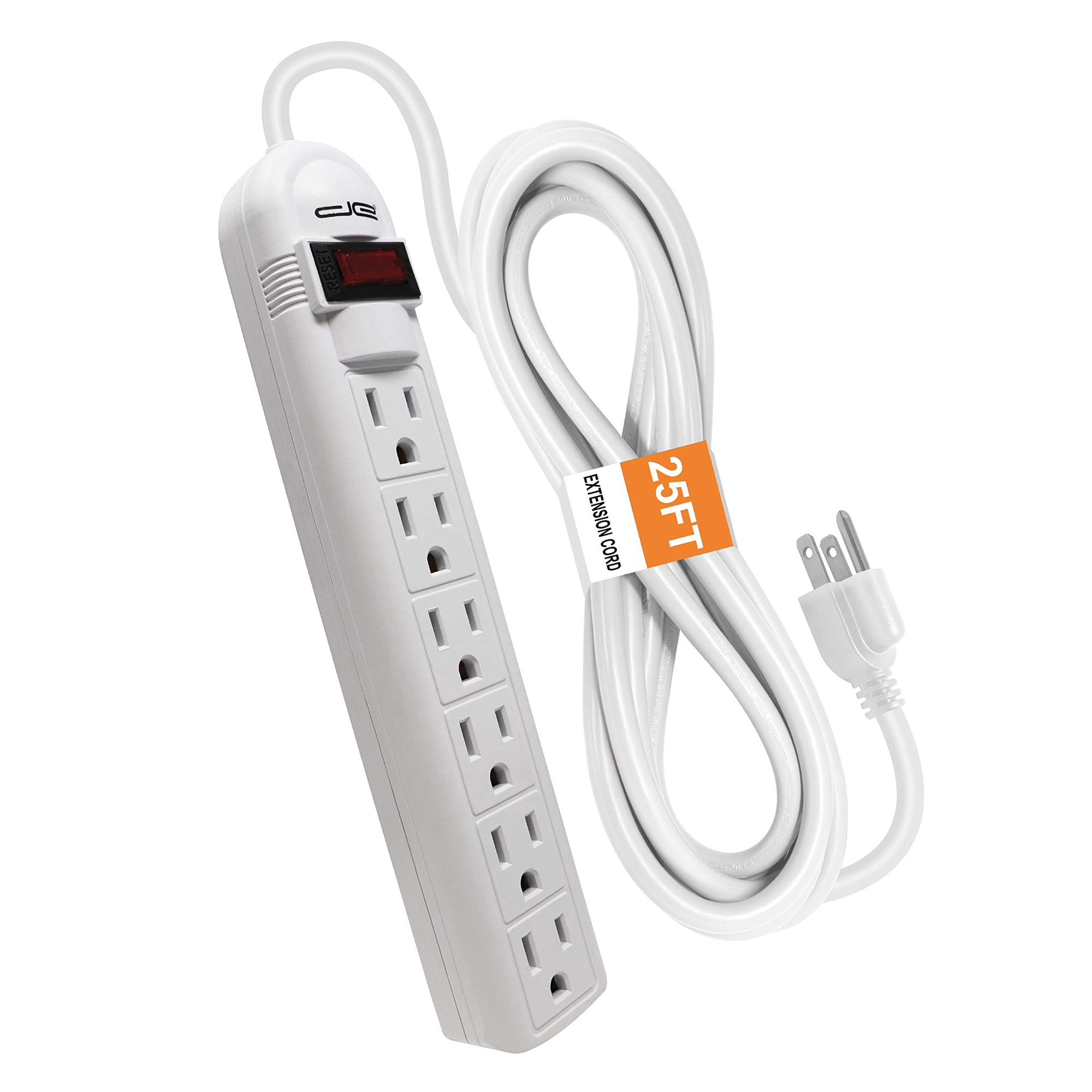 Digital Energy, 6-Outlet Surge Protector Power Strip, White, Cord Length 25 ft, Cable Gauge 14/3 Amps 15 Model# DE6OSP-25FT